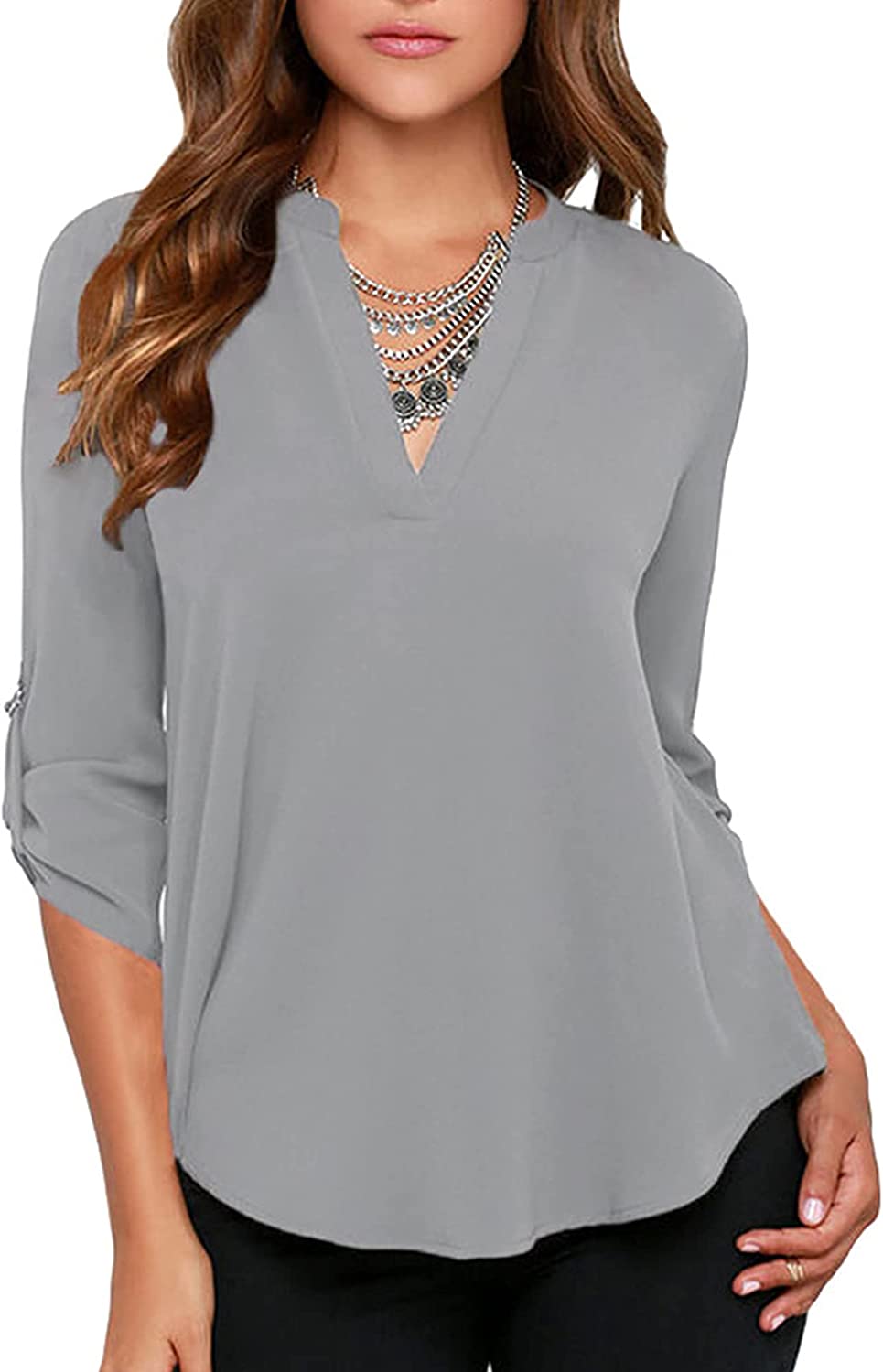roswear Women's Business Casual V Neck Cuffed Sleeves Work Blouse Top - Image 1